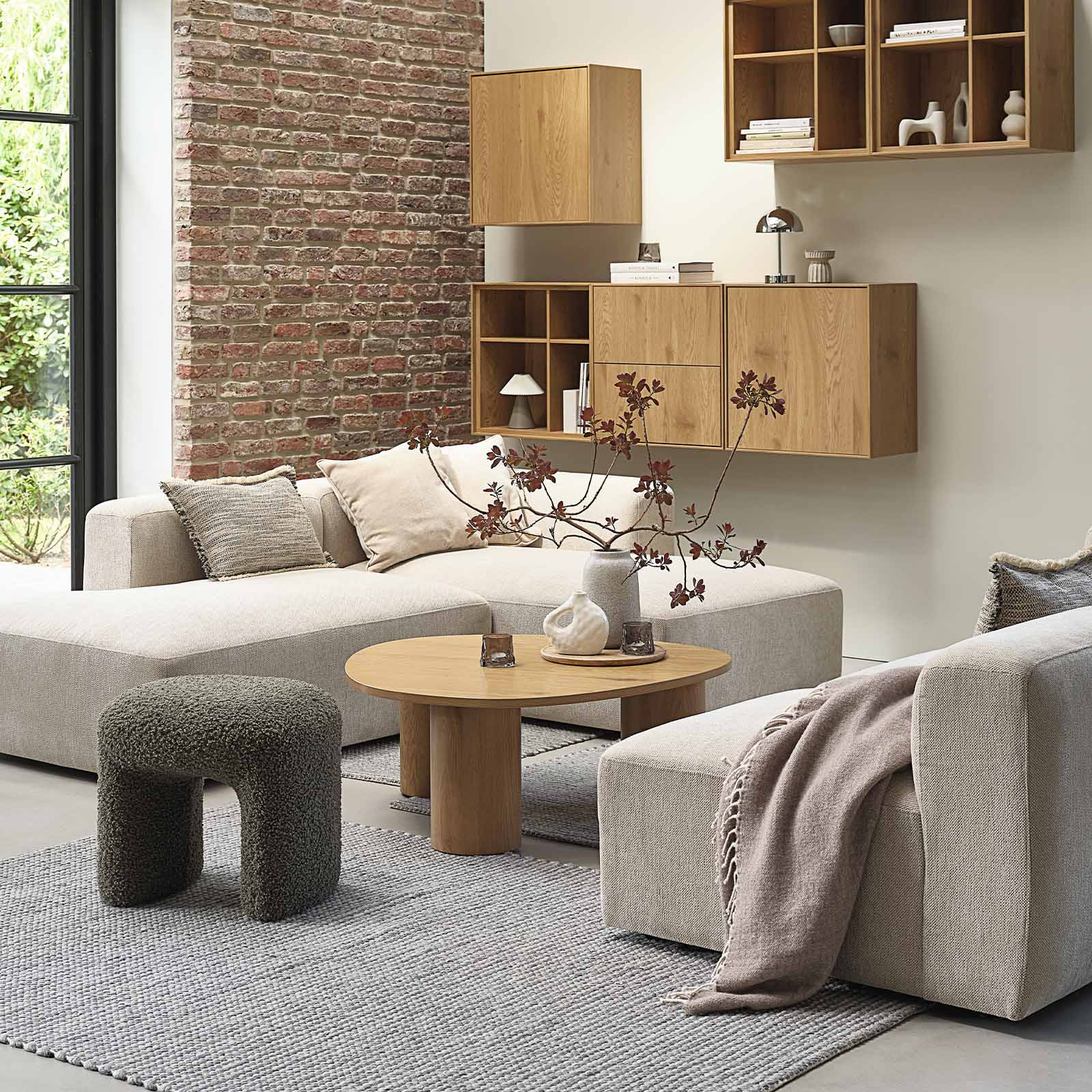 SKEJBY modular sofa Beige modular corner sofa with open ends in living room