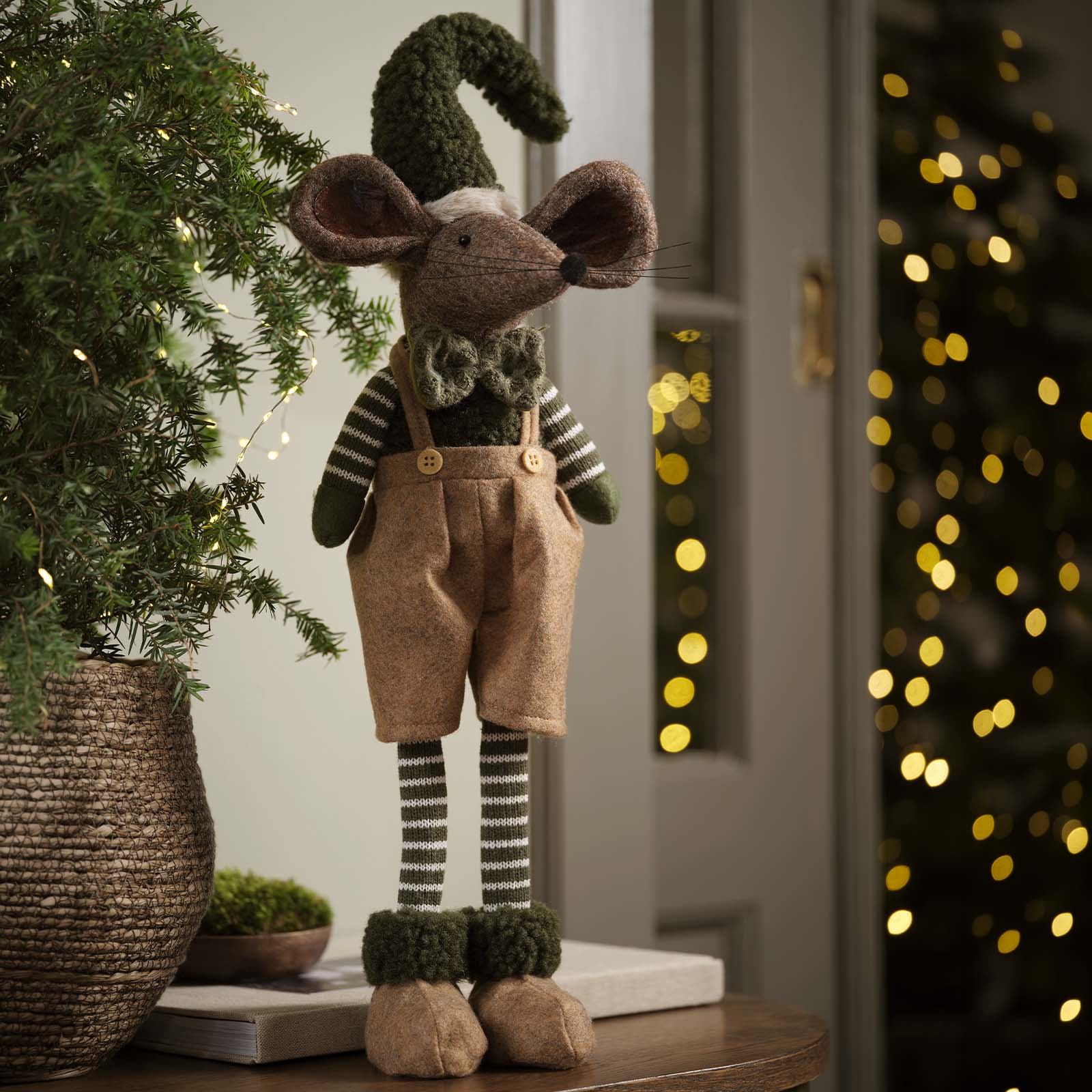 Tall Christmas mouse decoration with pointy hat in green and khaki colours