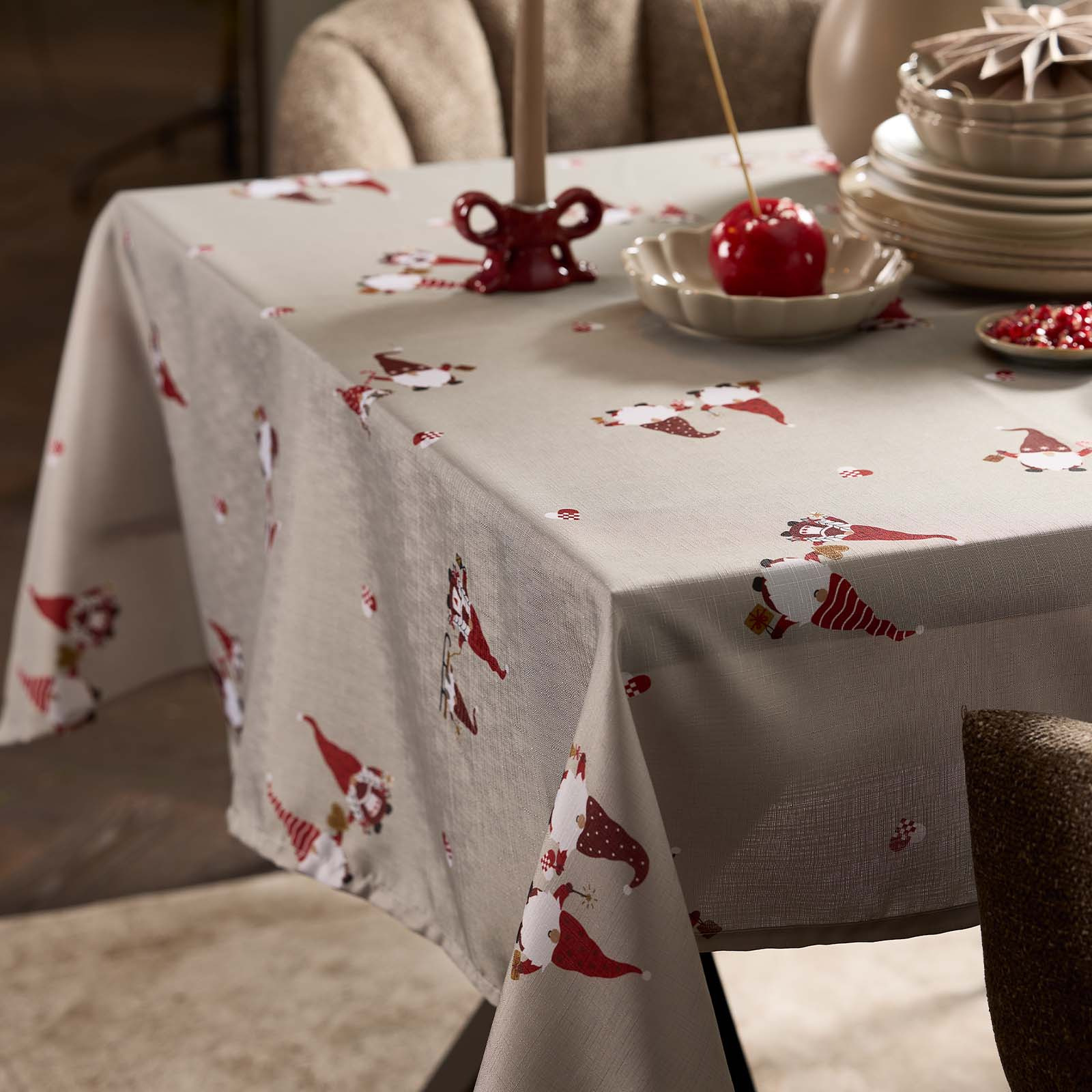 Christmas tablecloth in sand colour with Christmas elves and braided Christmas hearts motifs
