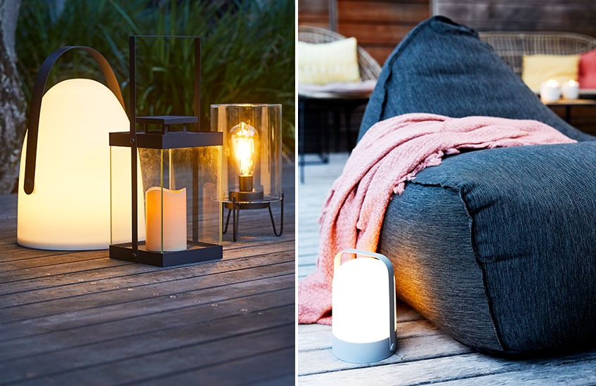 SENSOMMER and ALKEKONGE battery lamps with TAFFELAND lantern on a patio and GRESSHUMLE battery lamp beside STEINKJER lounge chair Battery lamps on a patio and beide a lounge chair
