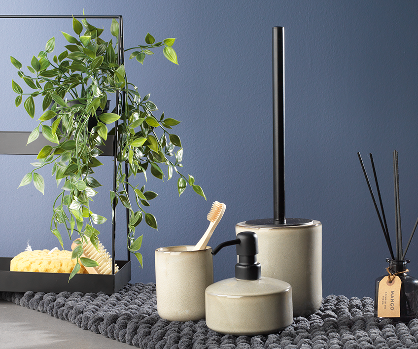 OLIVER artificial plant and KISA bathroom accessories Faux plant shown as a part of bathroom décor ideas