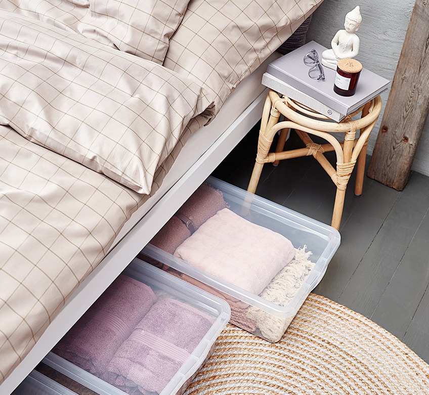TANJA bed linen, JUNGHOLM stool and SMARTSTORE/BASIC BOX underbed boxes Bed made with khaki coloured bed linen and with underbed boxes