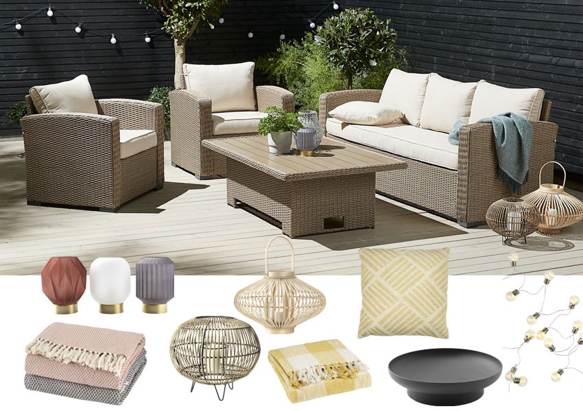 VEMB lounge set with garden and soft furnishings VEMB lounge set in natural rattan in a decked garden