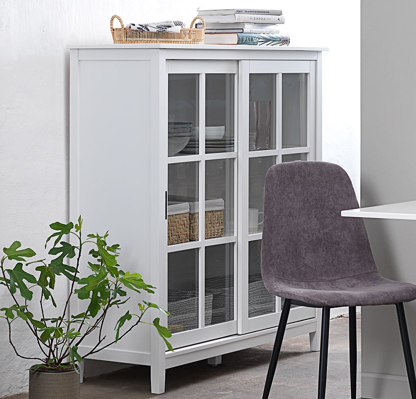NORDBY cabinet with sliding glass doors Low white cabinet with sliding glass doors