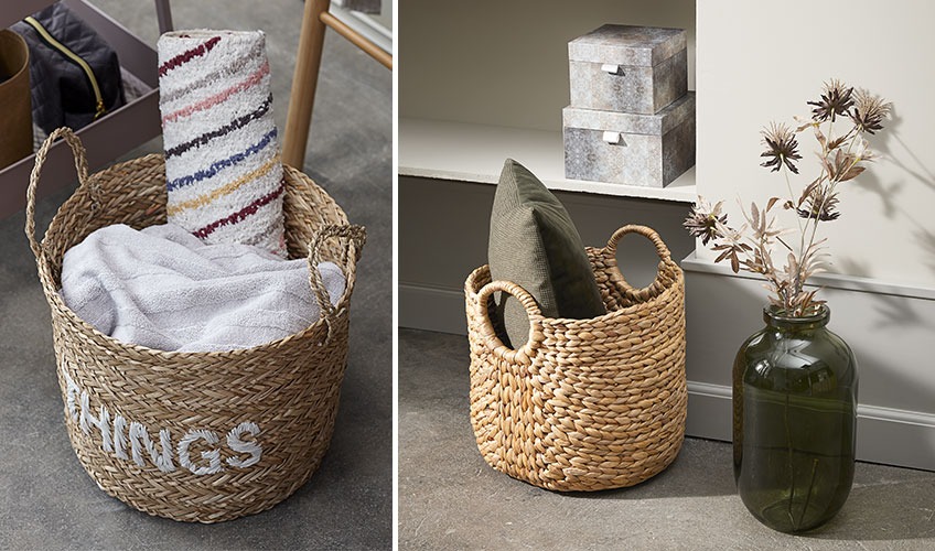 ARVE and ARE baskets and FELIX vase Woven baskets for storage and green floor vase