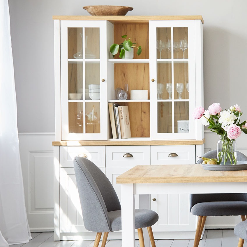 MARKSKEL sideboard with top White sideboard with three doors and drawers and top with two glass doors