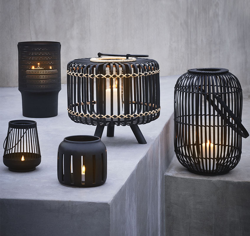 ENTITA, SKOGDUE, SIVSPURV, and MYRSNIPE garden lanterns Five black lanterns in different sizes and shapes