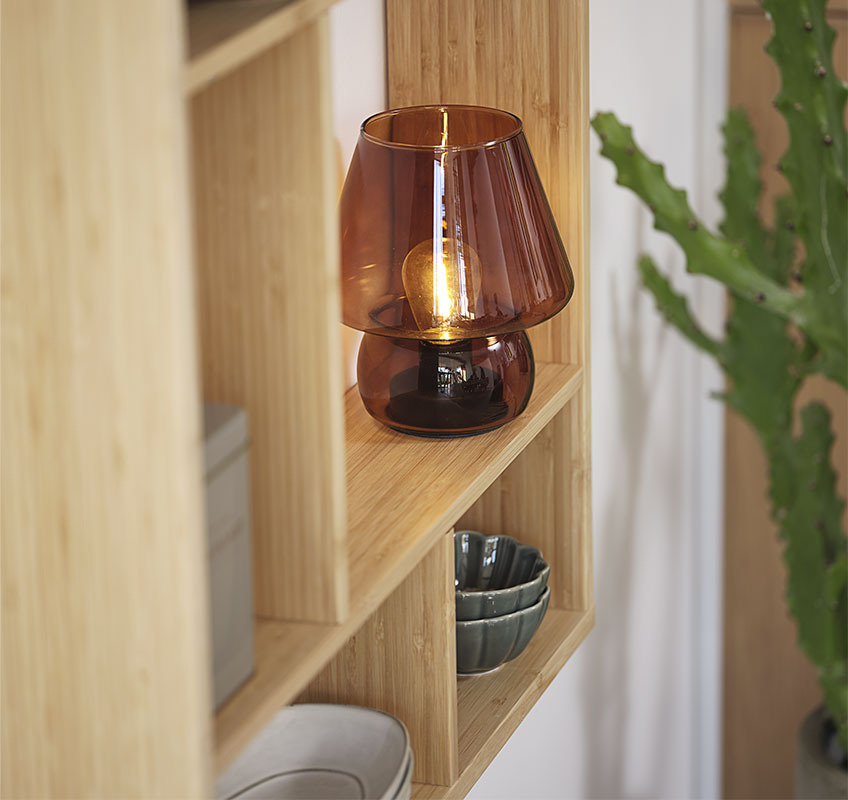 HOLGER battery lamp in brown glass Battery lamp in brown glass on oak shelf