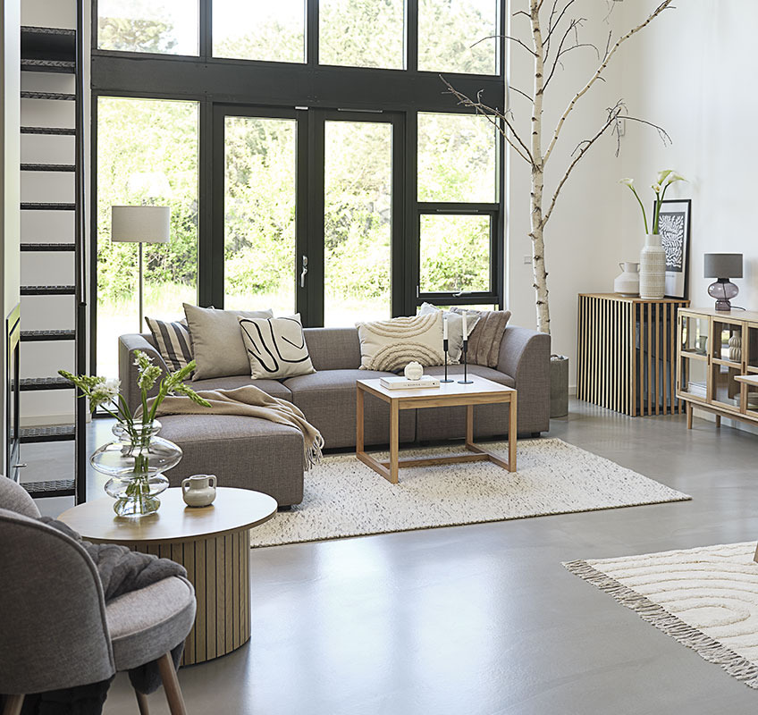 TERNDRUP sofa built of modules and RY coffee table Grey modular sofa and square coffee table in Scandinavian living room