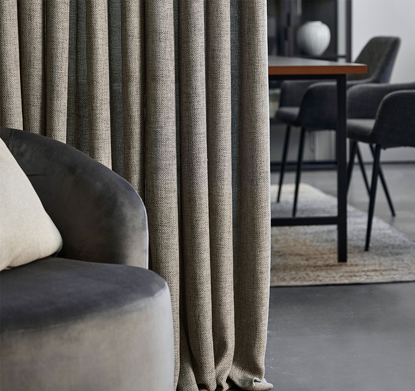 ANHOLT curtain in dusty green Dusty green long curtains in living room used as room divider