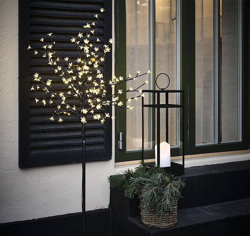 HLIN light tree and VILLADS lantern Light tree with small flower lights and lantern with white candle