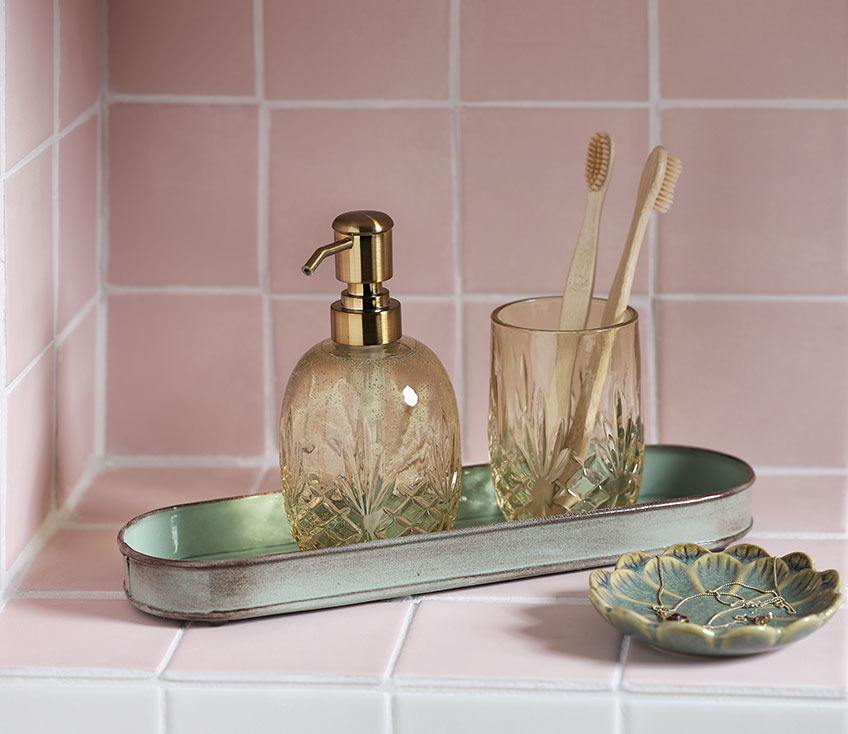 EDSVALLA soap dispenser and toothbrush holder and FORSBACKA tray Soap dispenser, toothbrush holder with toothbrushes and jewellery tray in a bathroom