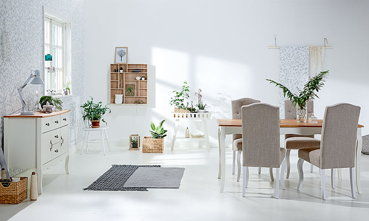 White dining table and fabric dining chairs with JYSK White dining table and fabric dining chairs with JYSK